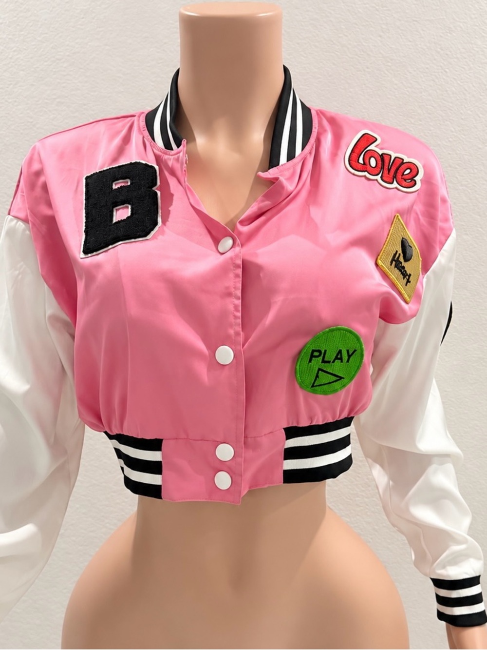 Daisy Pink and White Cropped Varsity Jacket with Play & Love Patches